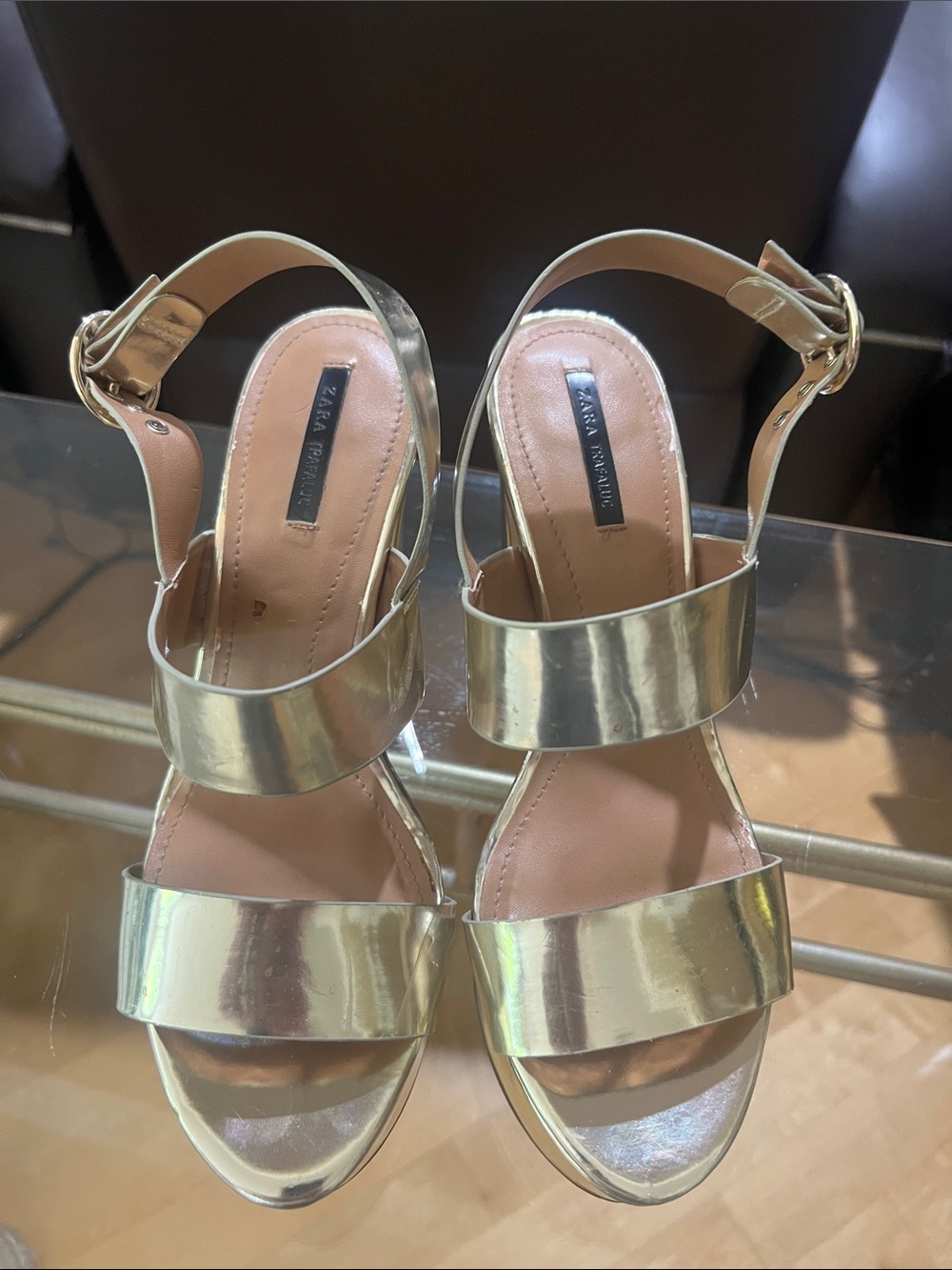 Zara Metallic Gold Double-Strap Block Heel Sandals